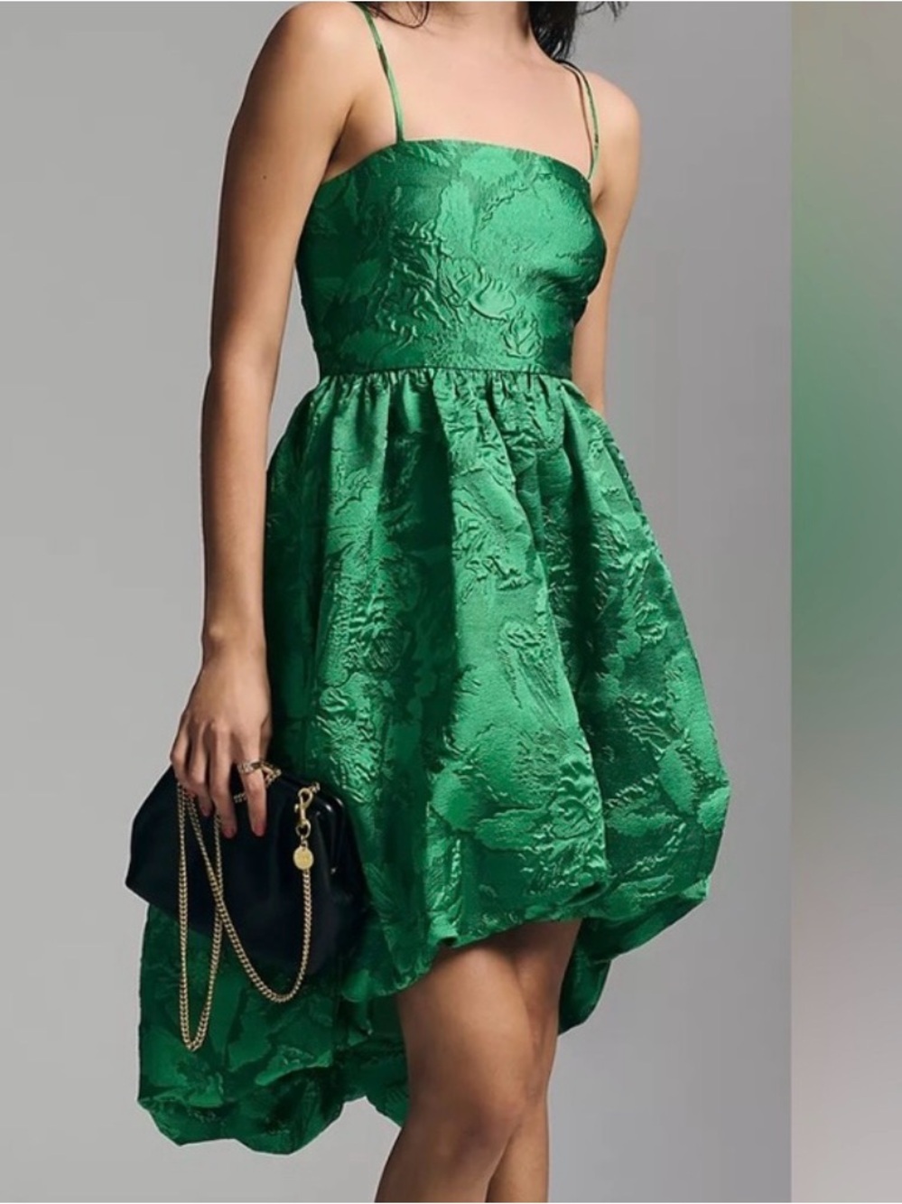 Anthropologie Emerald Green High-Low Jacquard Spaghetti-Strap Dress